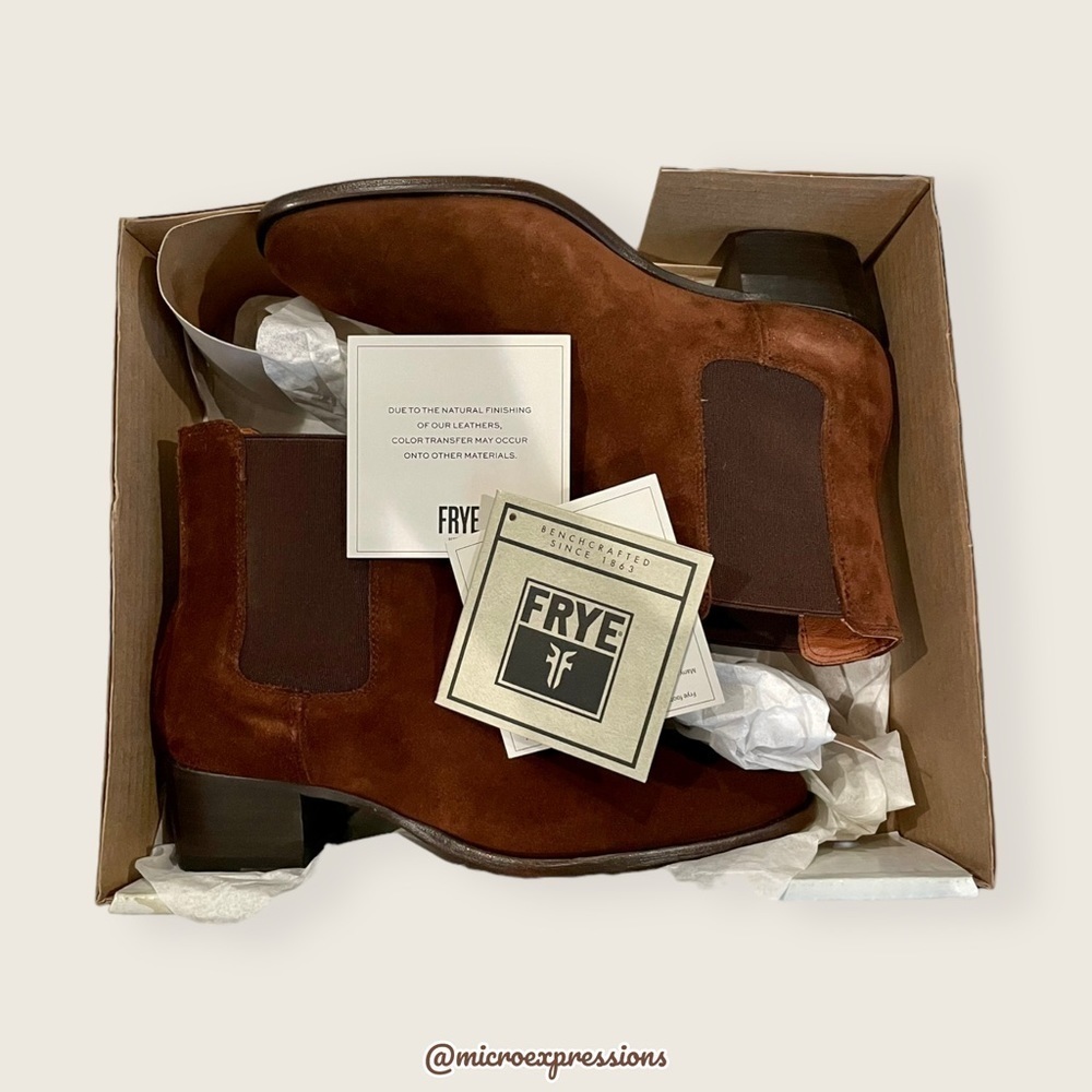 $359 Frye Dara Genuine Leather Brown Oiled Suede Chelsea Low Heel Ankle Boots - Picture 13 of 16